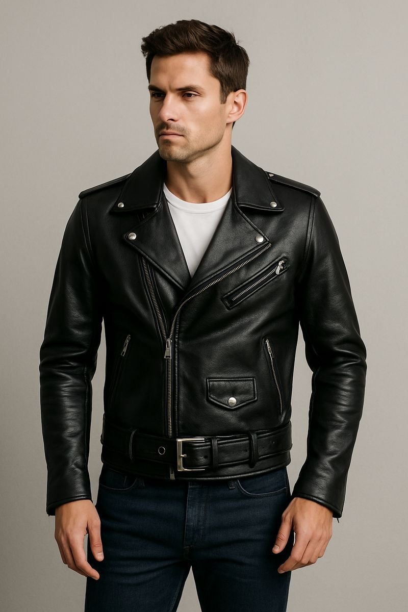 Black cowhide leather jacket with asymmetric zip, OEM style from our Pakistan factory