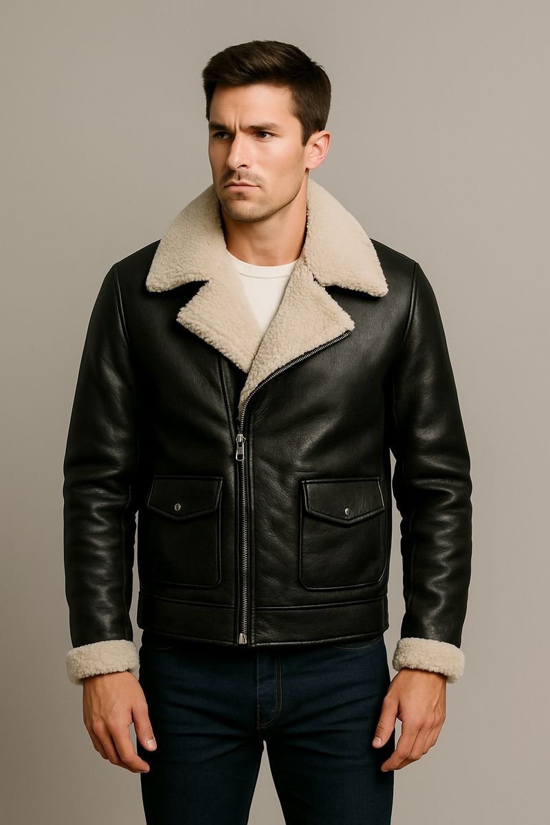 Black leather jacket with cream shearling collar and cuffs, made in Pakistan