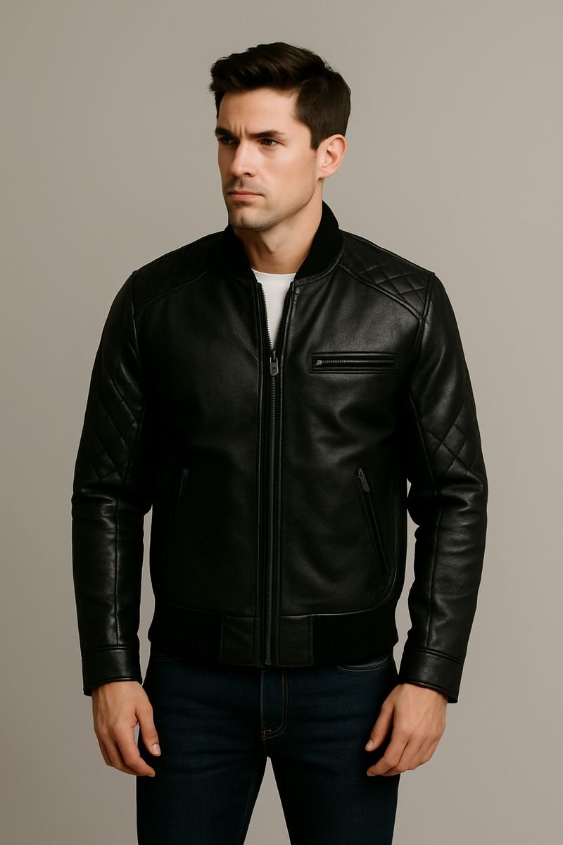 Black custom leather jacket with quilted shoulders, made to order in Pakistan